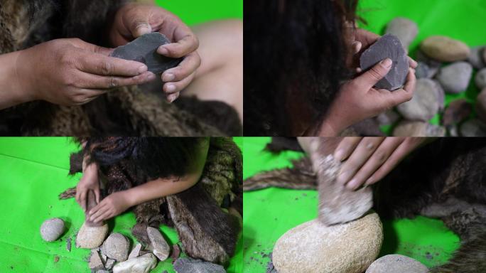 4K实拍绿幕原始人制作石器磨石头