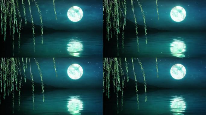 唯美夜晚垂柳月亮循环视频