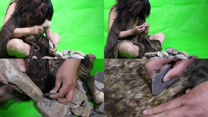 4K绿布抠像原始人制作石器割兽皮