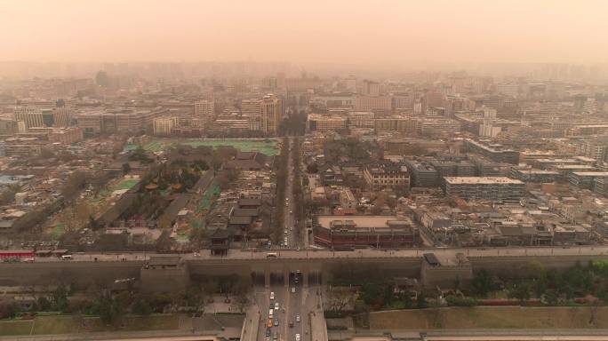 雾霾下的西安古城航拍
