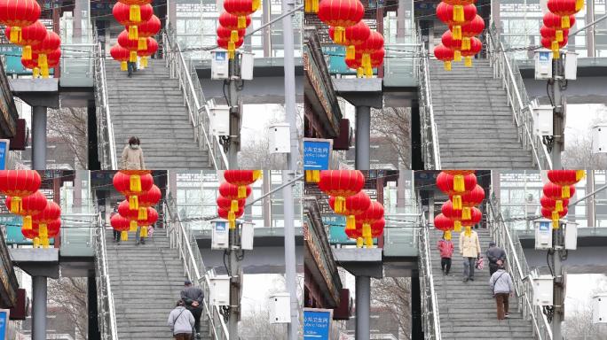 4K张灯结彩红灯笼行人过天桥老北京