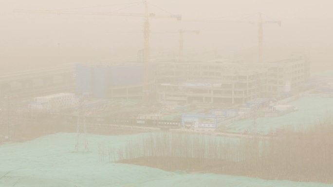 4K北京沙尘暴黄沙满天广渠路工地城市