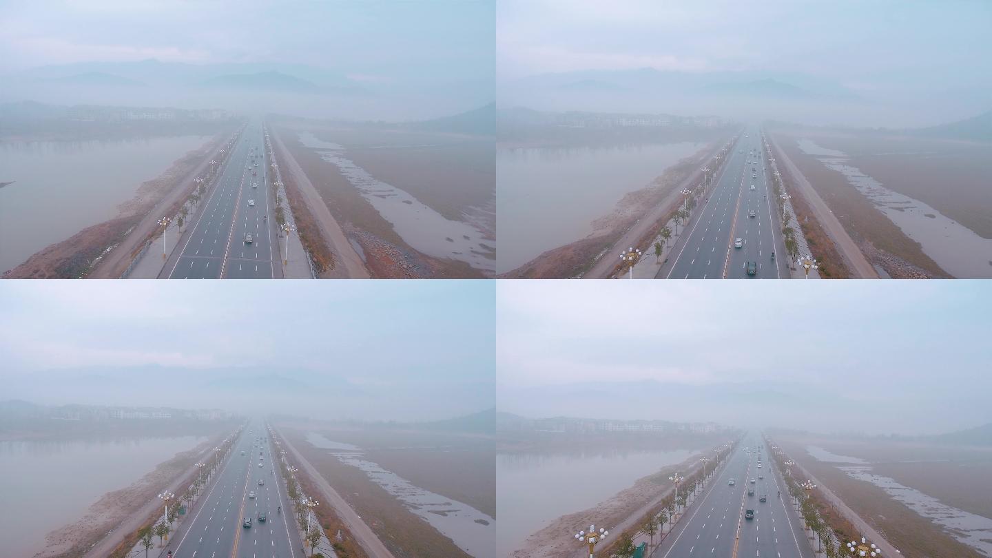 星子鄱阳湖大桥公路雨天航拍可见庐山4k