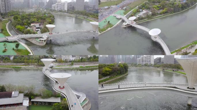 成都新晋网红桥跨锦江蘑菇桥航拍