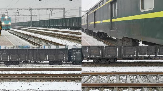 火车绿皮进站货车大雪纷纷
