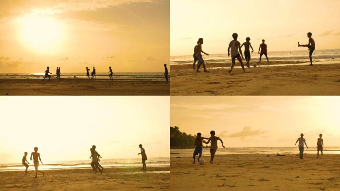 孩子们在沙滩上踢足球