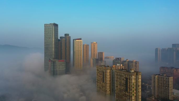 湖南长沙城市平流雾航拍