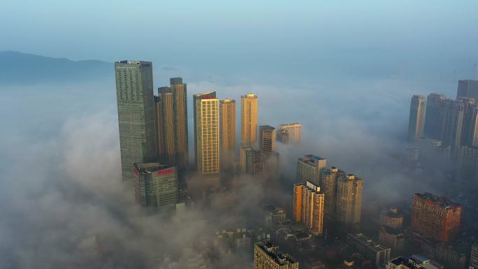 湖南长沙城市平流雾航拍