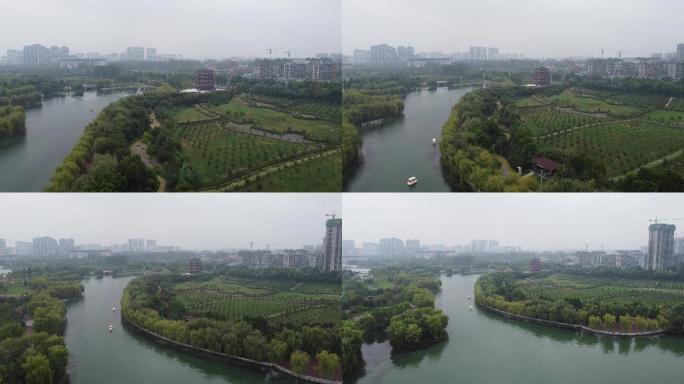 许昌北海公园航拍绿色湖畔河流养生