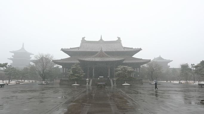 4K大同华严寺普光明殿下雪雪景常规视频