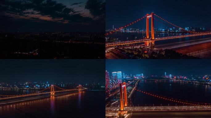 2021武汉鹦鹉洲长江大桥夜景航拍延时