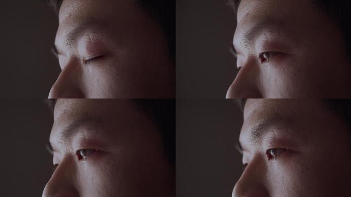 男人流泪、眼泪特写、悲伤的男人