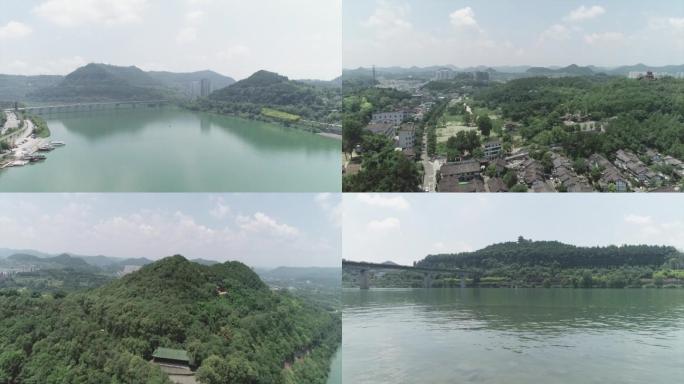 航拍湖泊边大桥小镇风景