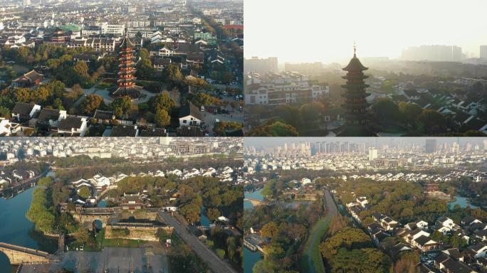 苏州古城旅游景点盘门三景航拍风景