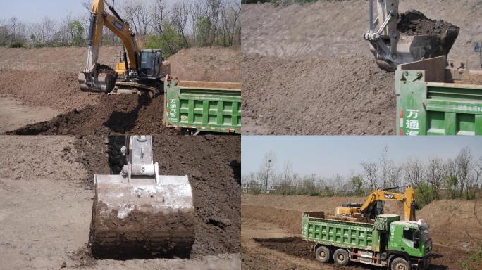 4k实拍挖掘机旧塘改造沙土车装载勾机挖土