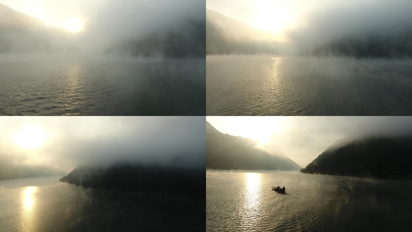 晨光晨雾水面4K航拍