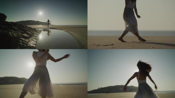 4K美女海边沙滩走路跳芭蕾舞海风写意空境