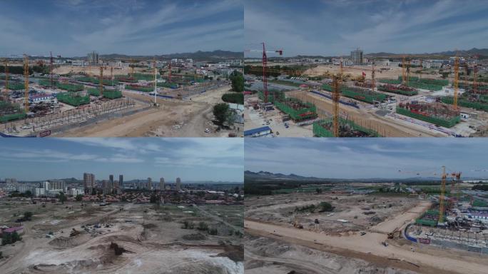 工业园区楼盘项目施工现场塔吊林立航拍