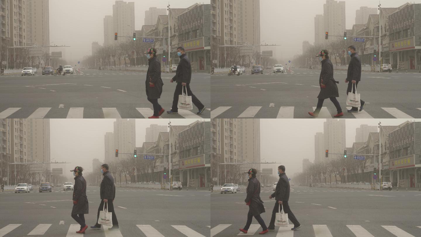 【4k】北京沙尘暴环境污染行人口罩