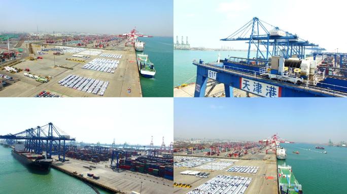 天津港口码头海运巨轮塔吊卡车智能集装箱