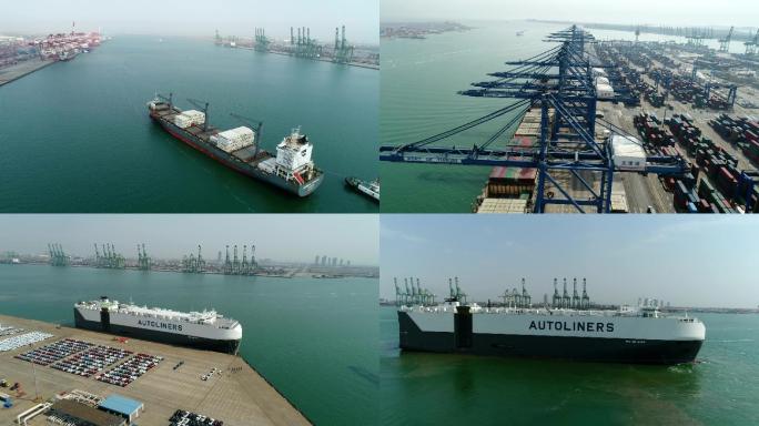 4K天津港口集装箱船货轮码头一带一路物流