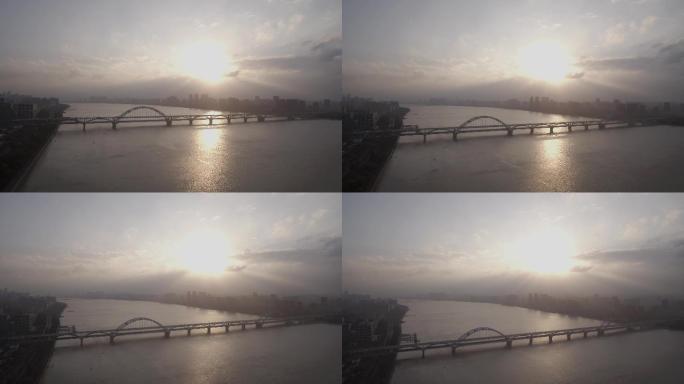 4k杭州钱塘江复兴大桥清晨全貌航拍