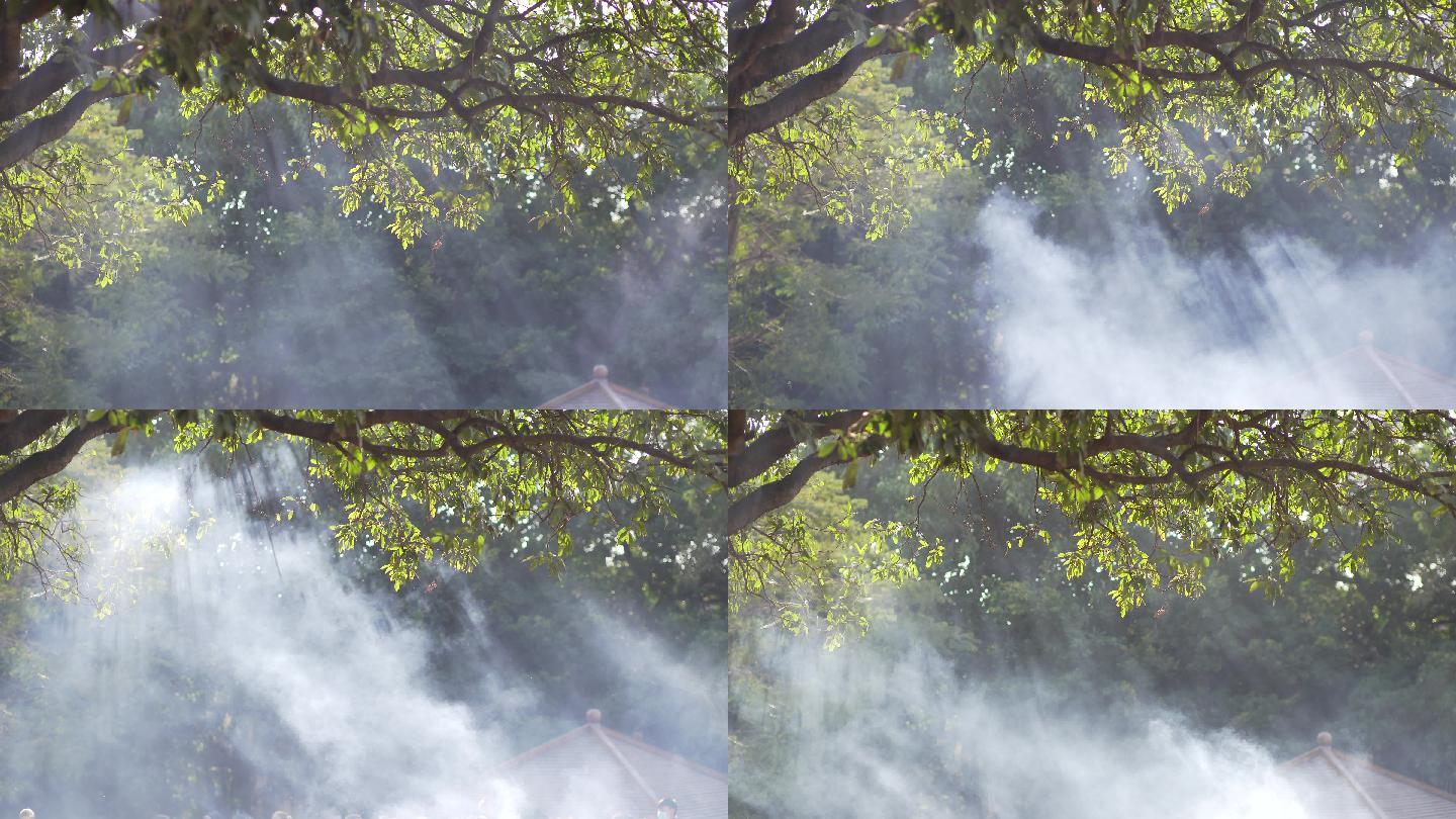 寺庙香火烟雾阳光透过树林丁达尔光