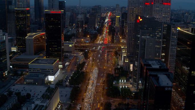 北京航拍国贸夜景黄昏