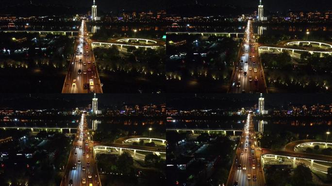 长沙湘江一桥夜景航拍4k