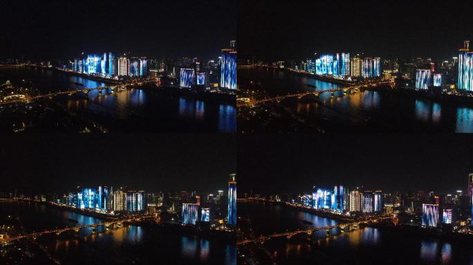 长沙夜景灯光秀湘江一桥航拍4k