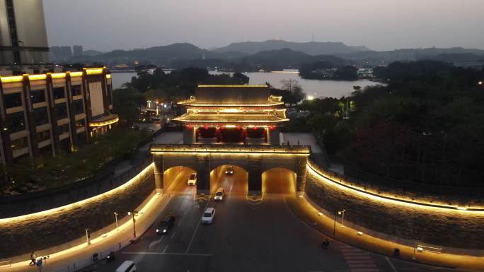 航拍广东惠州朝京门历史建筑夜景