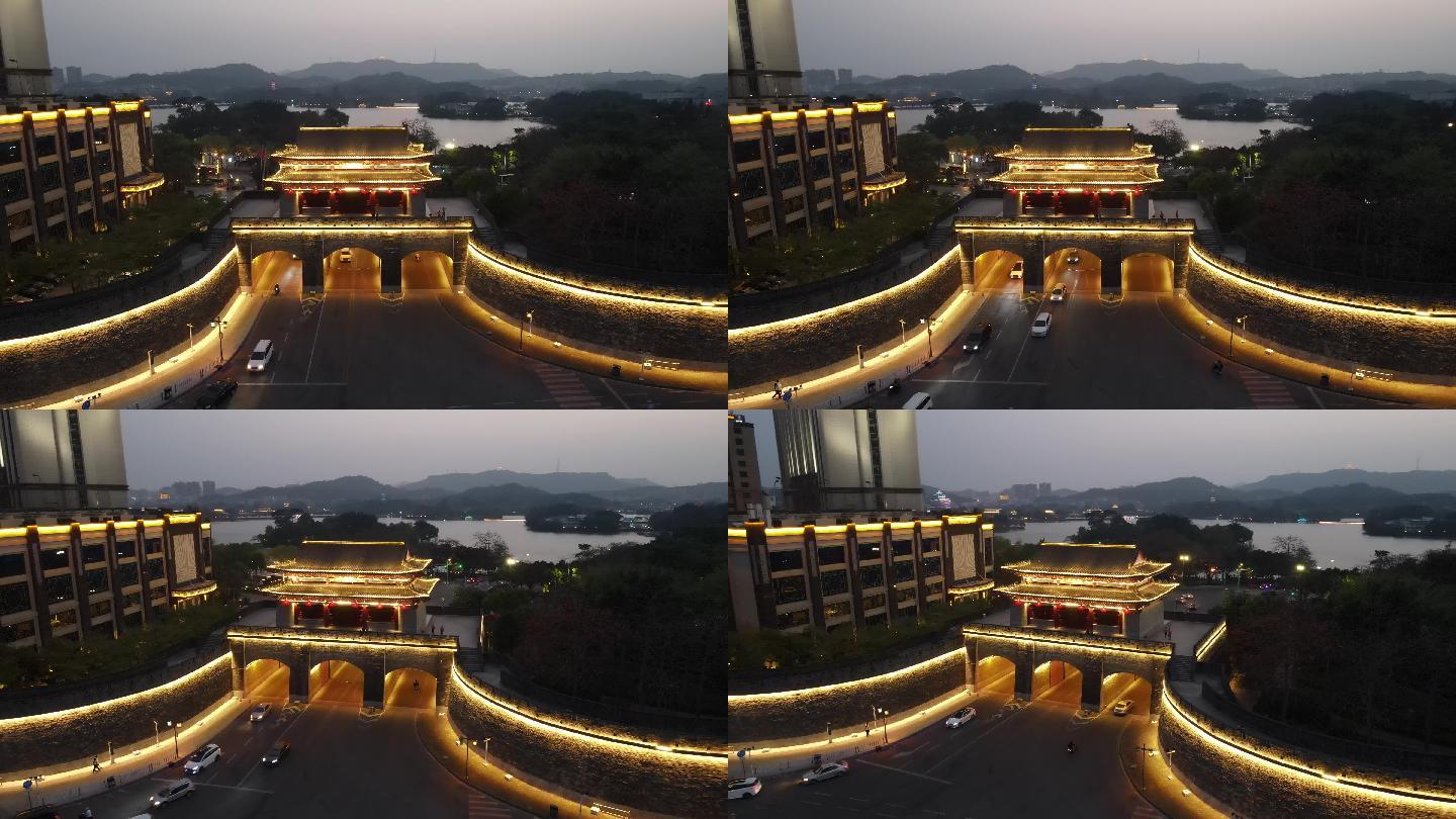 航拍广东惠州朝京门历史建筑夜景