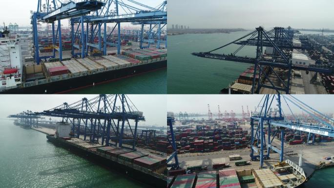 4K天津港口龙门吊集装箱塔吊货运码头货运