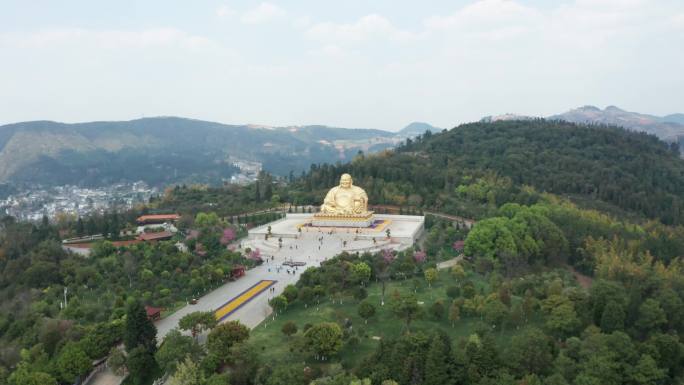 大气航拍弥勒大佛佛教寺庙宝塔宣传片