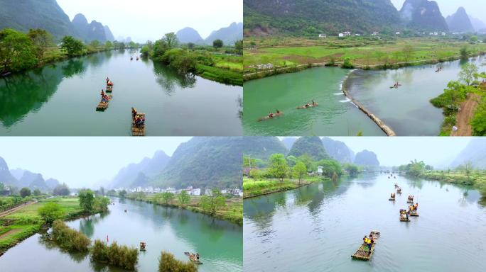 广西桂林阳朔遇龙河景区竹筏漂流航拍