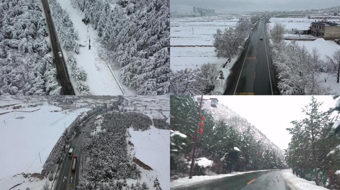 航拍雪中车辆道路行驶