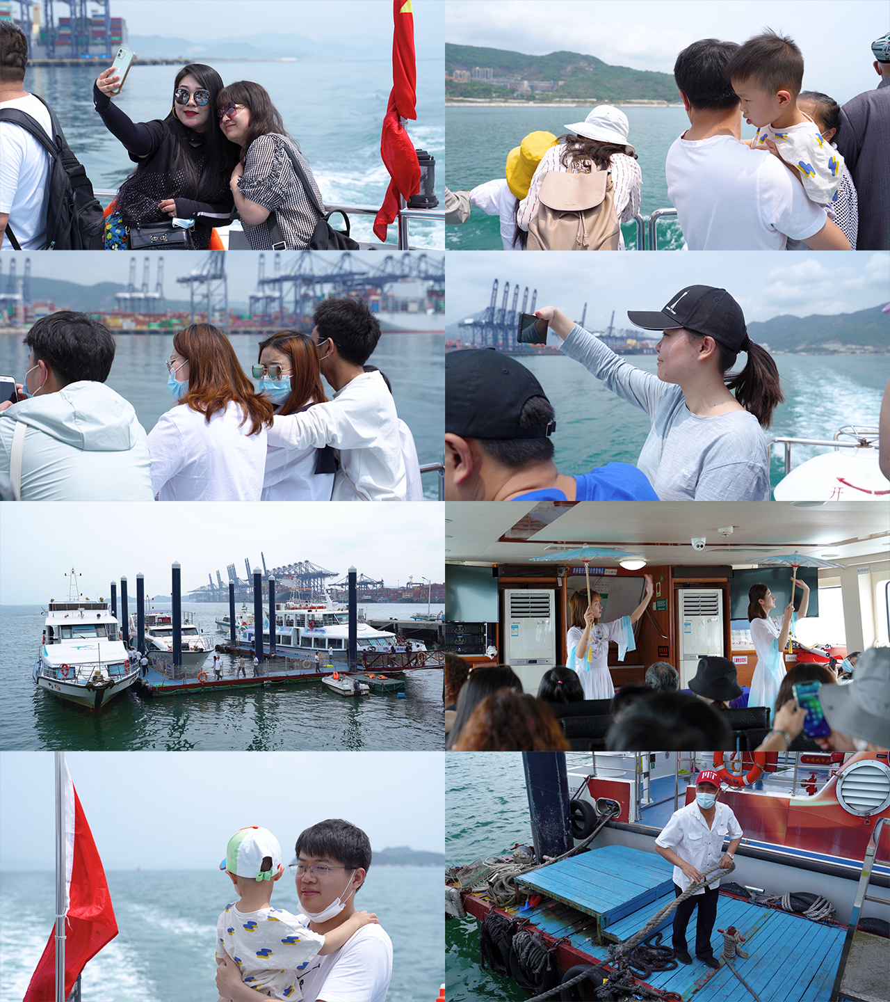 4K深圳金色游轮海上轮船旅游游客观光拍照