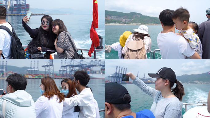 4K深圳金色游轮海上轮船旅游游客观光拍照