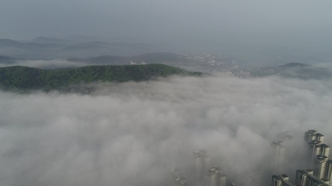 原创航拍襄阳平流雾城市风光