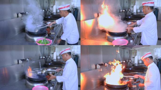 实拍厨房里厨师炒菜炒锅出大火