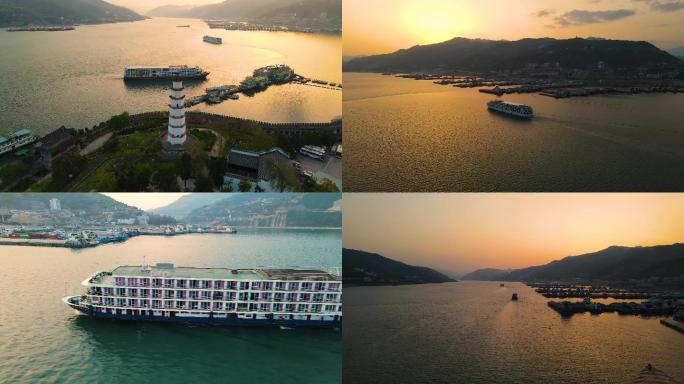 4K航拍夕阳下轮船驶过奉节长江港口