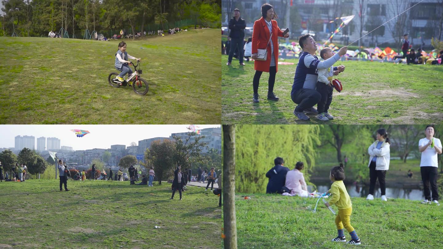 放热气球，放风筝，公园草地欢快的人们。