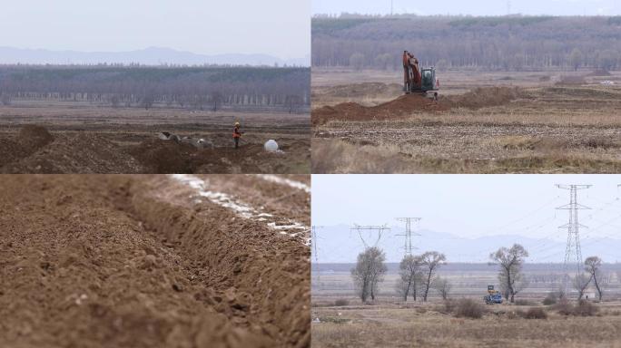 挖掘机，北方农村，萧瑟，水渠电网