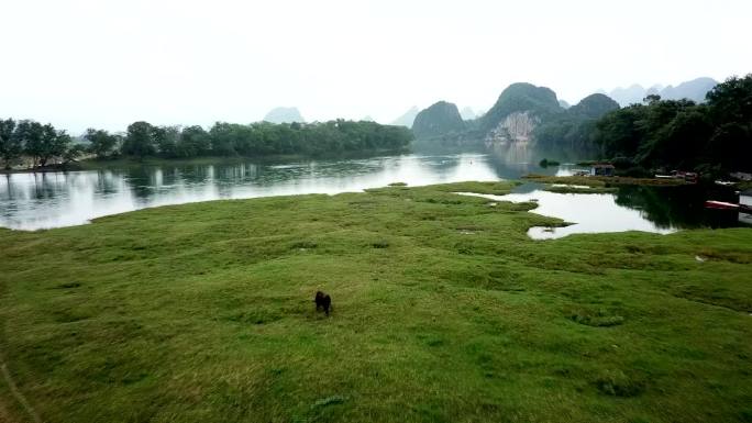 桂林山水风光漓江远山草坪高清航拍