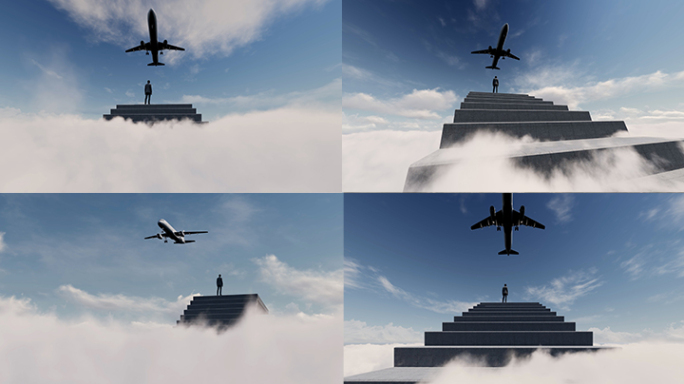 飞机飞过起飞云端云层云海高端商务创意天空