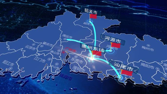 广东省惠州发射地图光线辐射连线插红旗定位