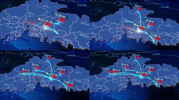 广东省惠州发射地图光线辐射连线插红旗定位