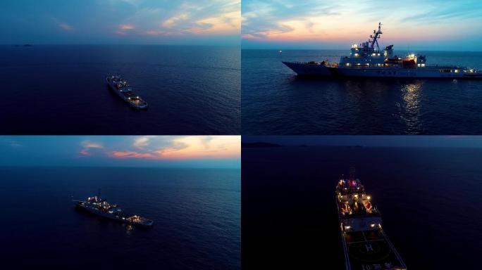 4K航拍夕阳下漂泊在大海中的船舶