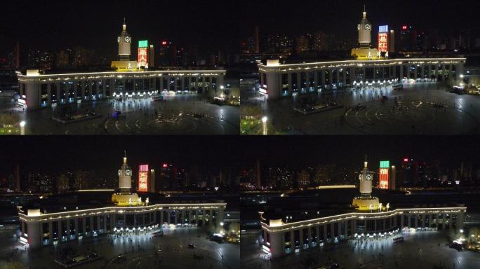 4K航拍天津站侧面夜景
