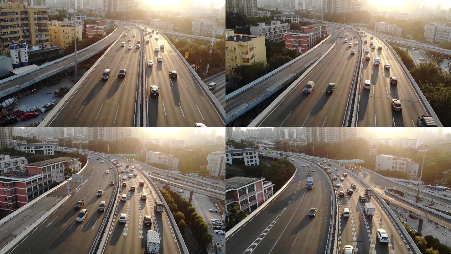 城市高架桥高速公路的车流无人机追车航拍